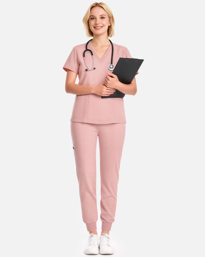 Pink – Eadflie Women's V-Neck Uniform Top – Short Sleeve 3-Pocket Soft Stretch – product image 13