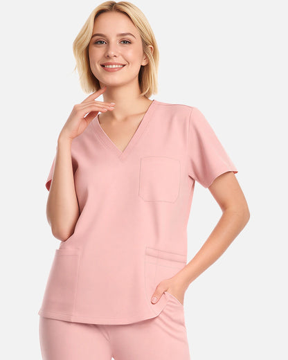 Pink – Eadflie Women's V-Neck Uniform Top – Short Sleeve 3-Pocket Soft Stretch – product image 12