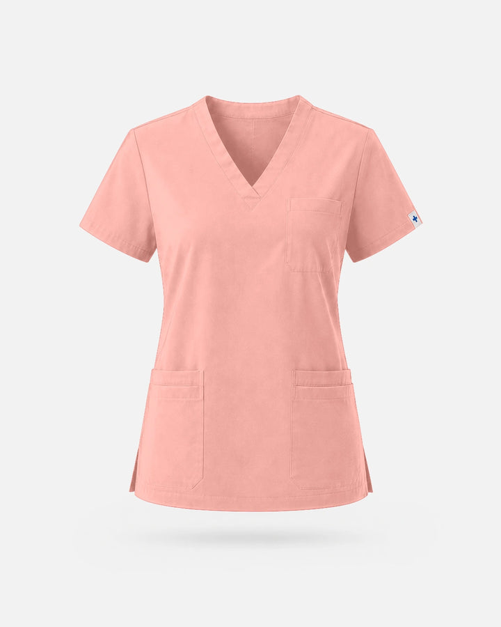 Eadflie Women's V-Neck Uniform Top – Short Sleeve 3-Pocket Soft Stretch - Pink