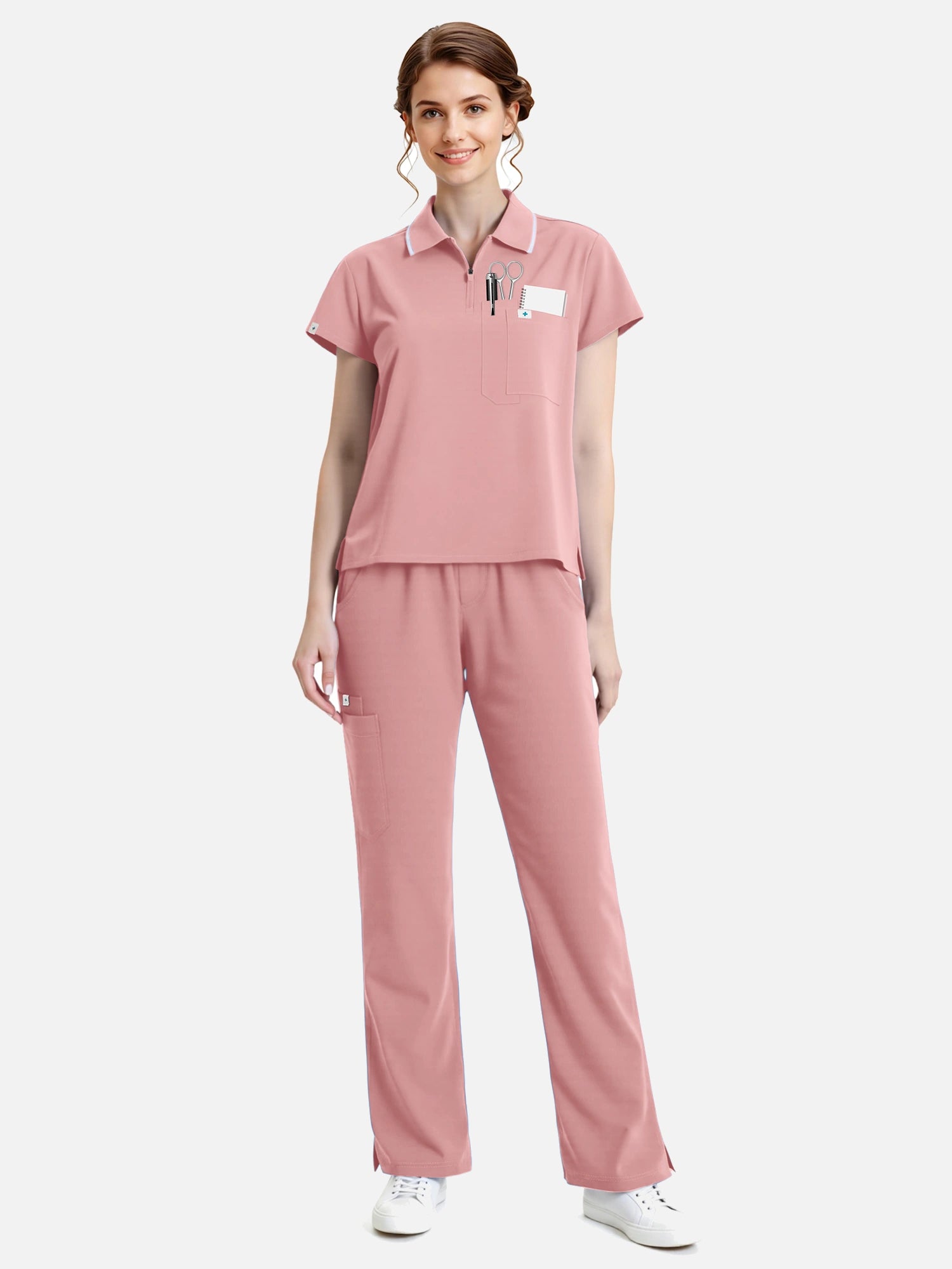 Pink – Eadflie Women's Zip Polo Straight-Leg Uniform Set – product image 11