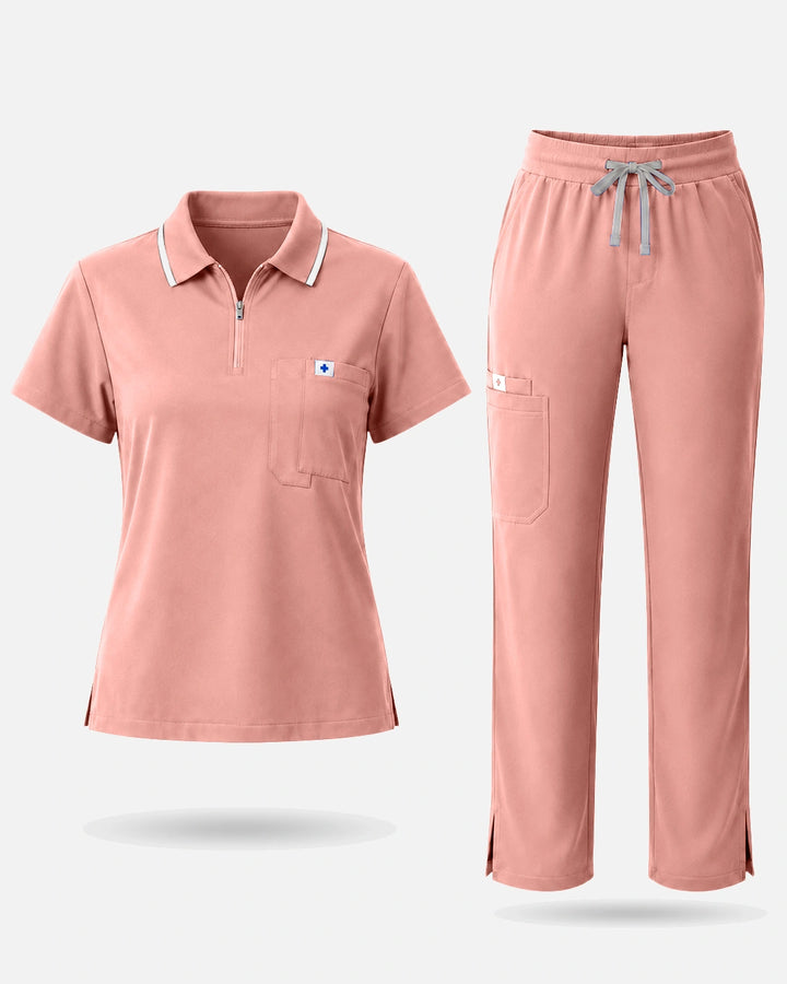 Eadflie Women's Zip Polo Straight-Leg Uniform Set - Pink
