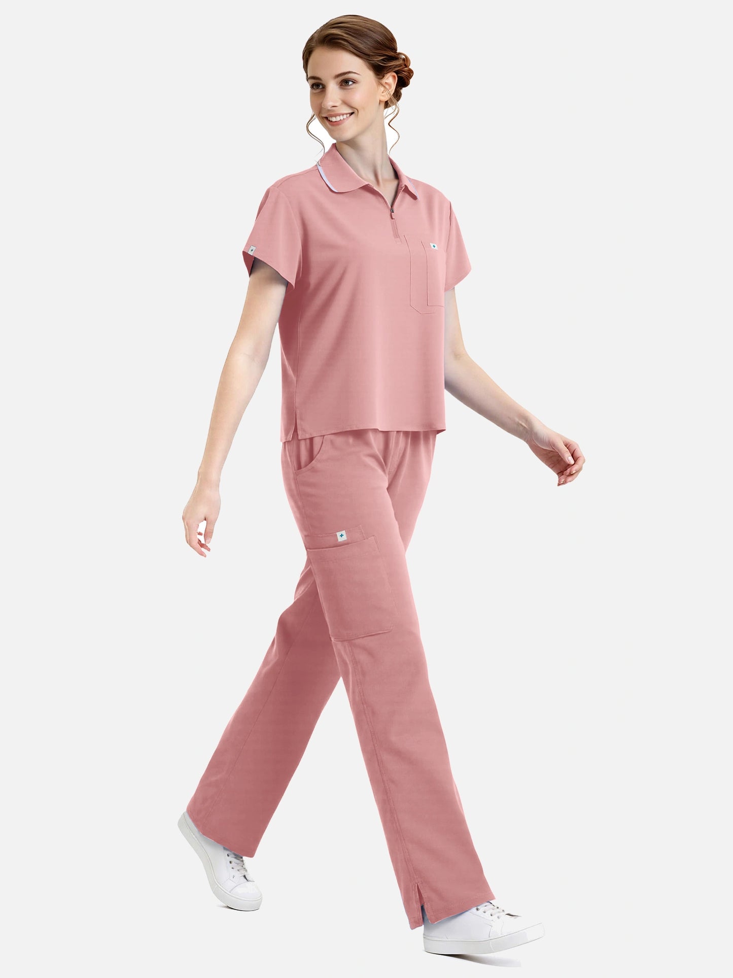 Pink – Eadflie Women's Zip Polo Straight-Leg Uniform Set – product image 18