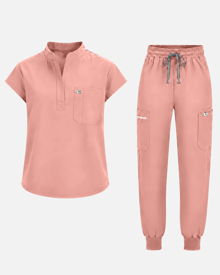 Eadflie Women's Henley Sleeveless Jogger Uniform Set - Pink