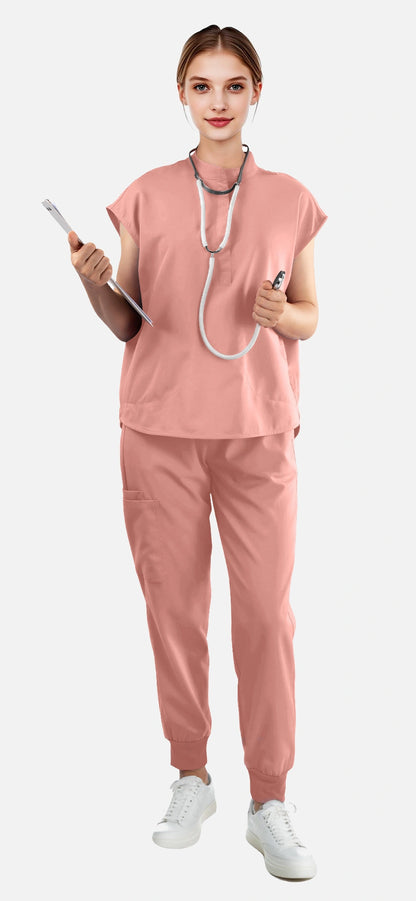 Pink – Eadflie Women's Sleeveless Mandarin Collar Jogger Uniform Set – product image 12