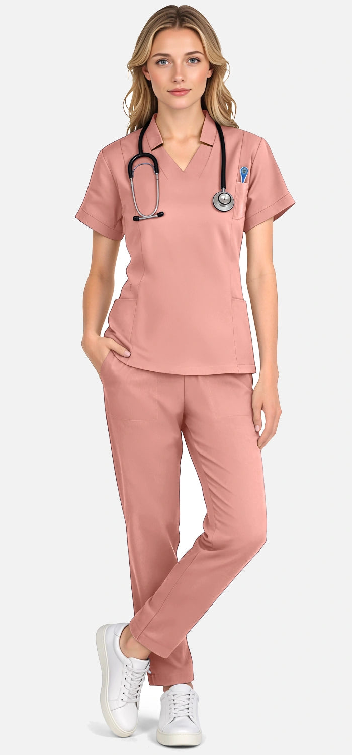 Pink – Eadflie Women's Split V-Neck Uniform Set – Tapered-Leg 9-Pocket Slim Fit – product image 10