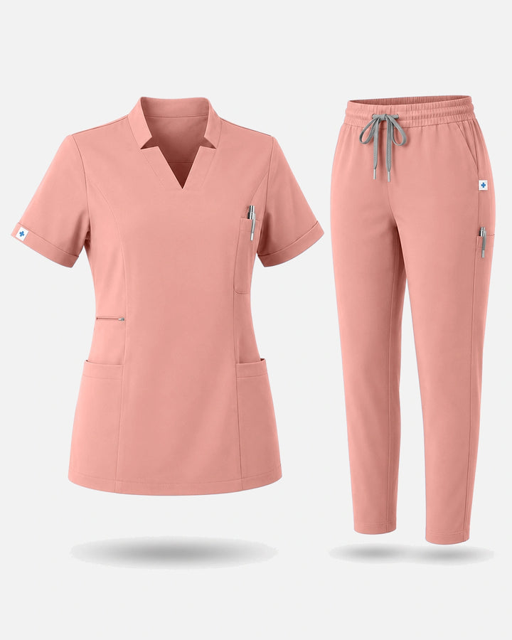 Eadflie Women's Split V-Neck Uniform Set – Tapered-Leg 9-Pocket Slim Fit - Pink