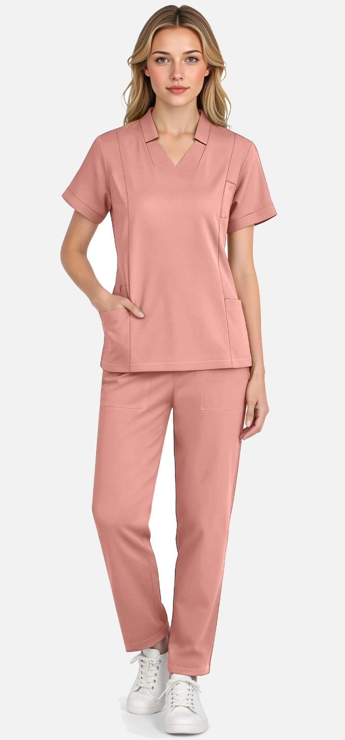 Pink – Eadflie Women's Split V-Neck Uniform Set – Tapered-Leg 9-Pocket Slim Fit – product image 11