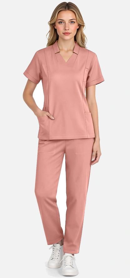 Pink – Eadflie Women's Split V-Neck Uniform Set – Tapered-Leg 9-Pocket Slim Fit – product image 11
