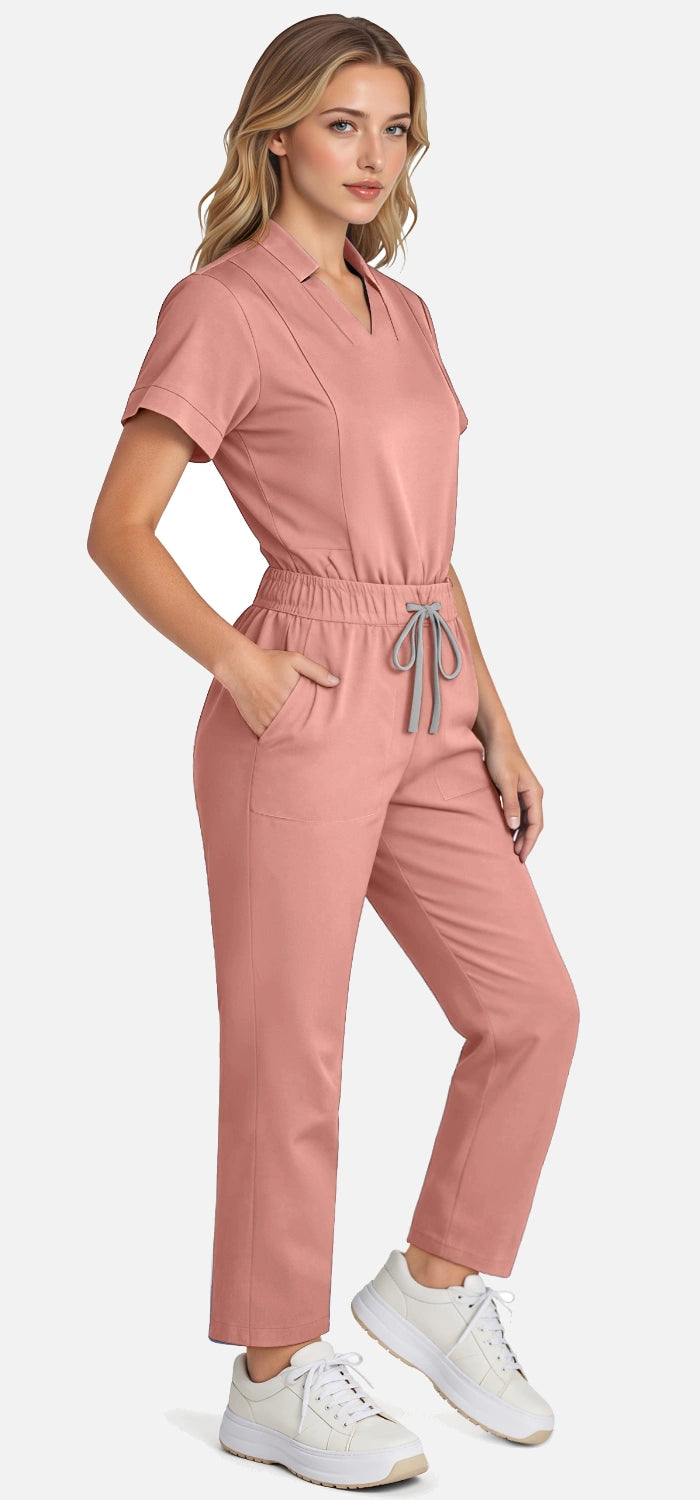 Pink – Eadflie Women's Split V-Neck Uniform Set – Tapered-Leg 9-Pocket Slim Fit – product image 12