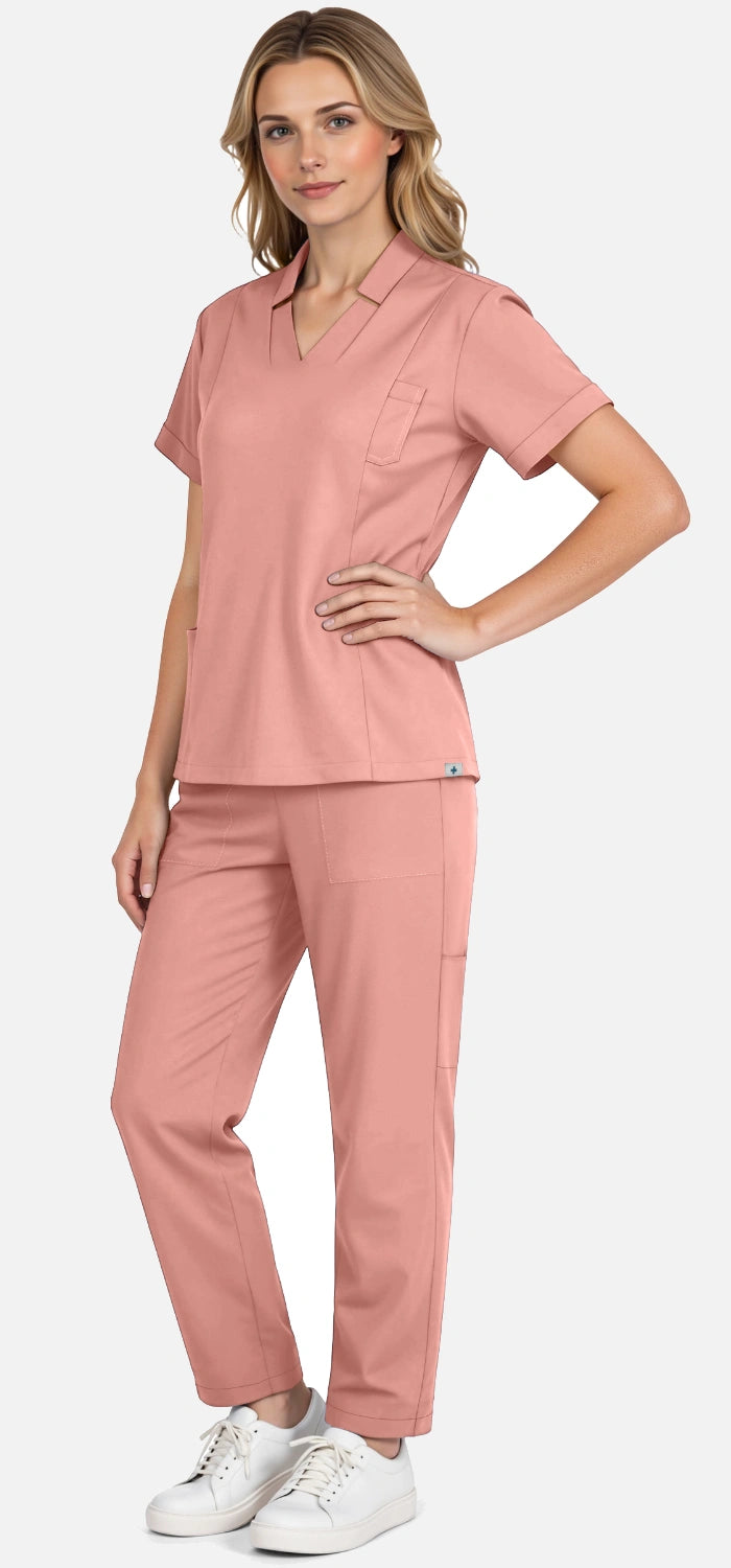 Pink – Eadflie Women's Split V-Neck Uniform Set – Tapered-Leg 9-Pocket Slim Fit – product image 13