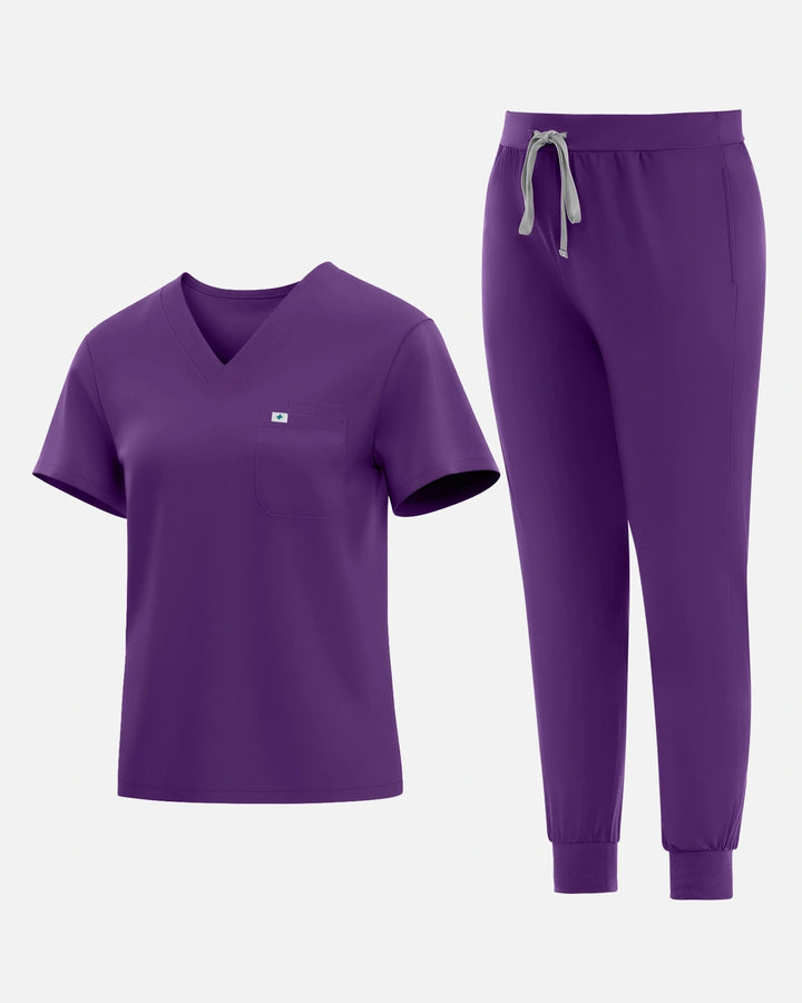 Eadflie Women's Knit V-Neck Jogger Uniform Set - Purple
