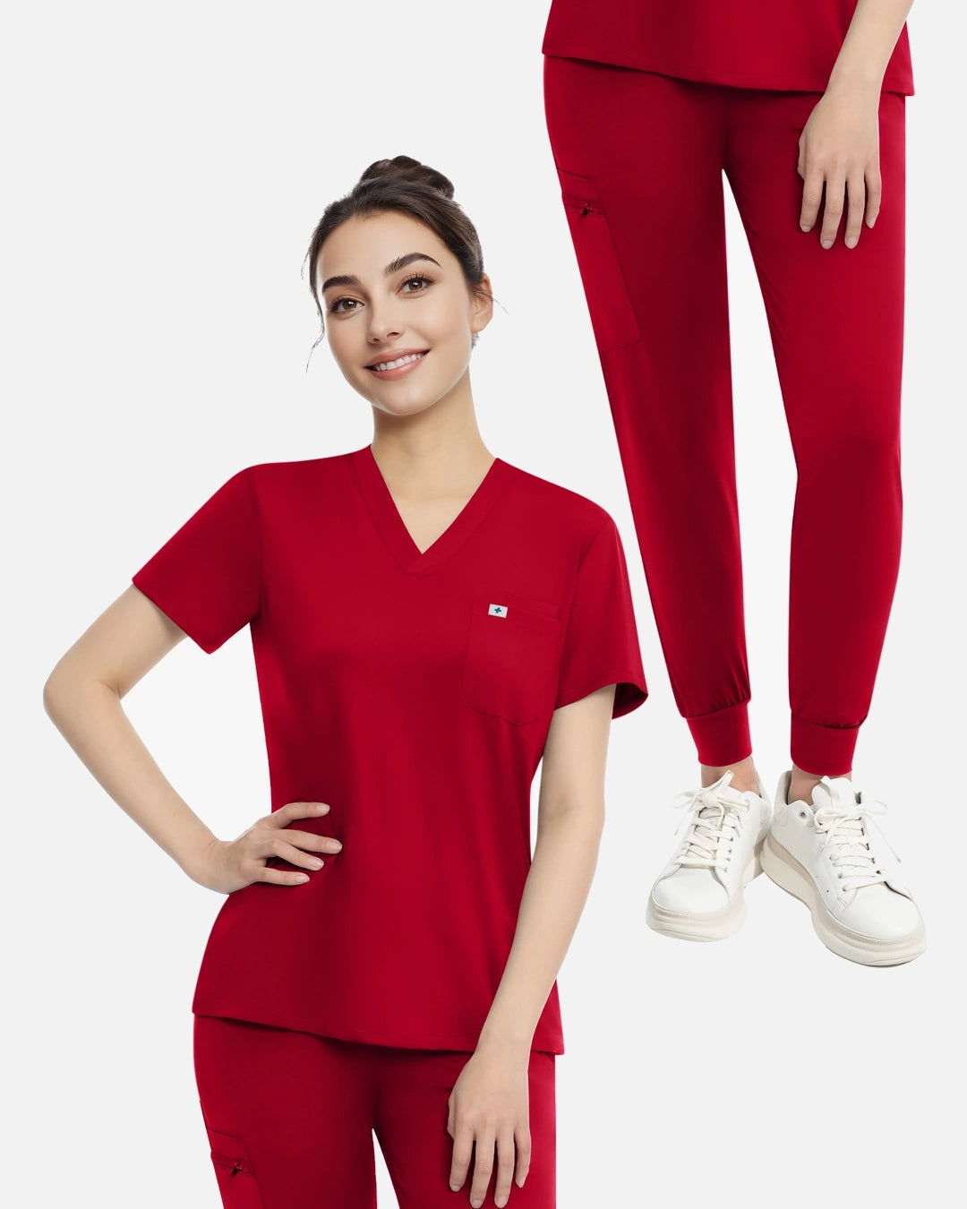 Red – Eadflie Women's Knit V-Neck Jogger Uniform Set – product image 23