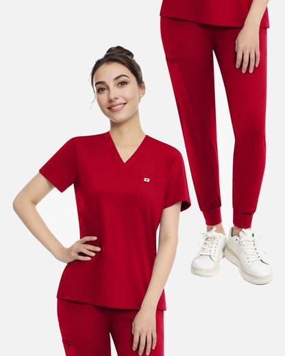 Red – Eadflie Women's Knit V-Neck Jogger Uniform Set – product image 23
