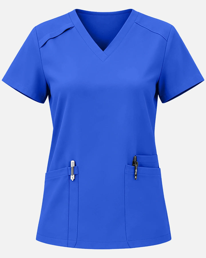 Eadflie Women's Woven V-Neck Uniform Top – Structured with Shoulder Piping - Royal Blue