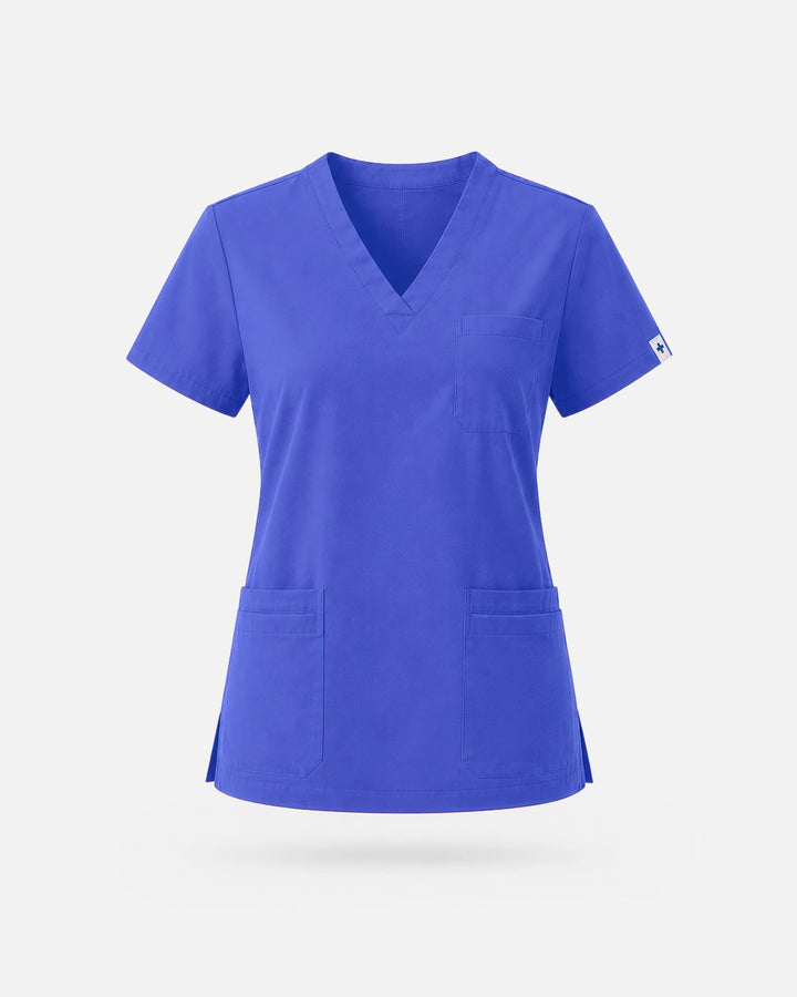 Eadflie Women's V-Neck Uniform Top – Short Sleeve 3-Pocket Soft Stretch - Royal Blue