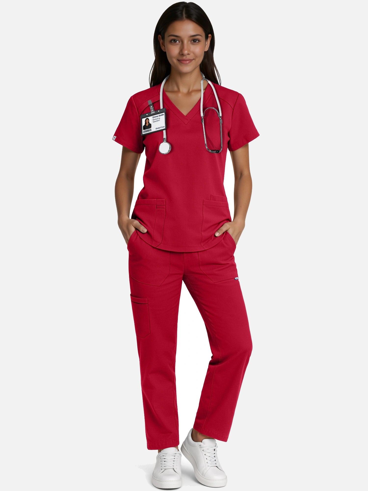 Wine Red – Eadflie Women's Woven V-Neck Uniform Set – Straight-Leg Structured – product image 32