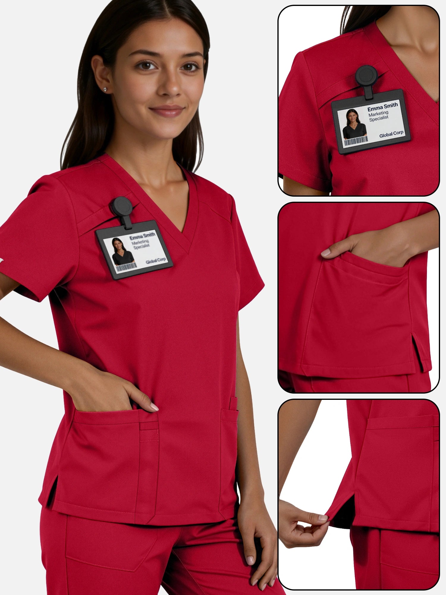 Wine Red – Eadflie Women's Woven V-Neck Uniform Set – Straight-Leg Structured – product image 35