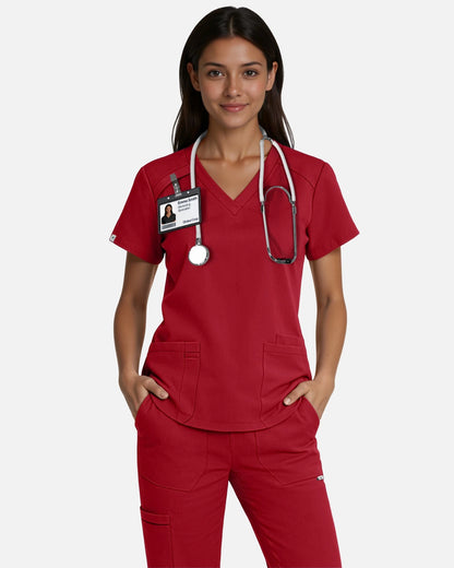 Wine Red – Eadflie Women's Woven V-Neck Uniform Top – Structured with Shoulder Piping – product image 54