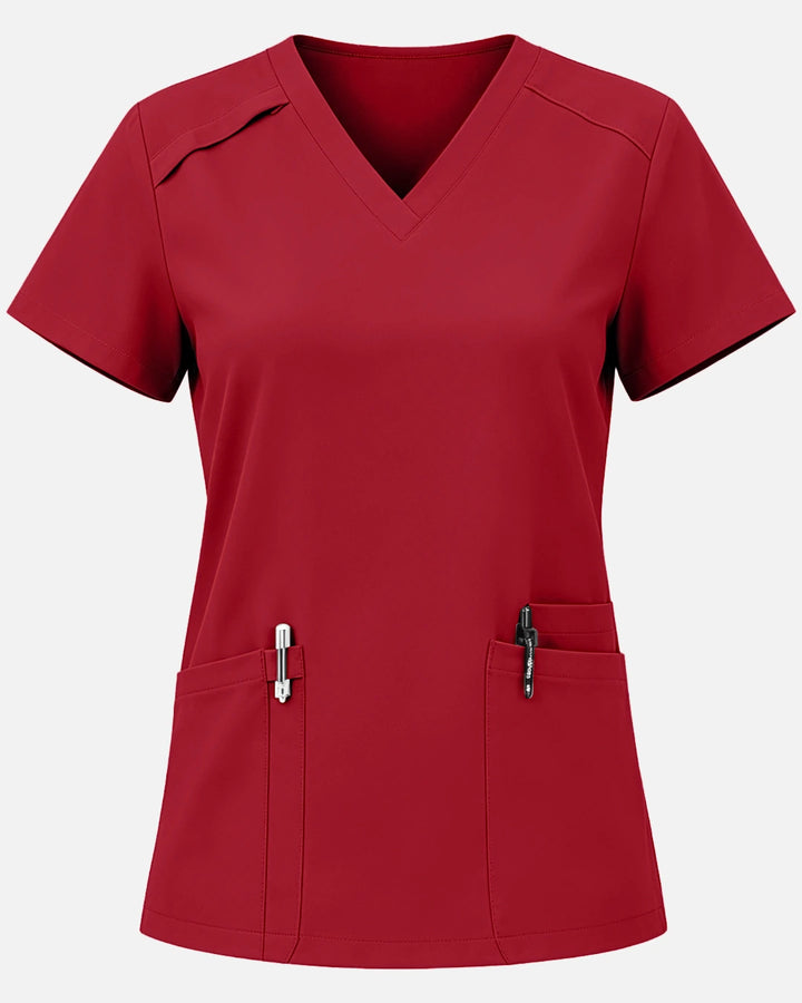 Eadflie Women's Woven V-Neck Uniform Top – Structured with Shoulder Piping - Wine Red