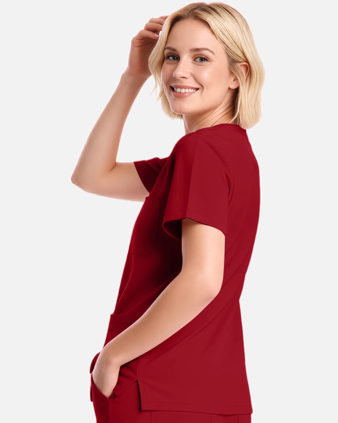 Wine Red – Eadflie Women's V-Neck Uniform Top – Short Sleeve 3-Pocket Soft Stretch – product image 69