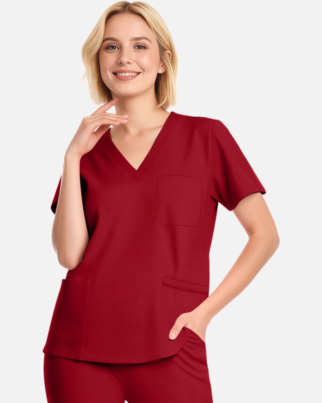 Wine Red – Eadflie Women's V-Neck Uniform Top – Short Sleeve 3-Pocket Soft Stretch – product image 67