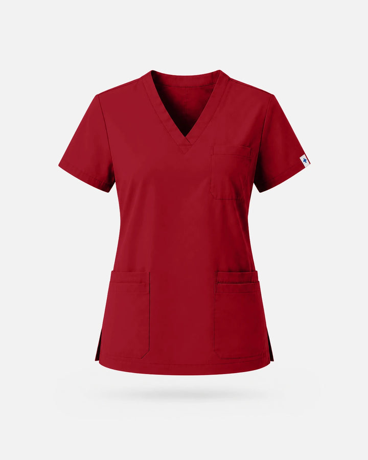 Eadflie Women's V-Neck Uniform Top – Short Sleeve 3-Pocket Soft Stretch - Wine Red