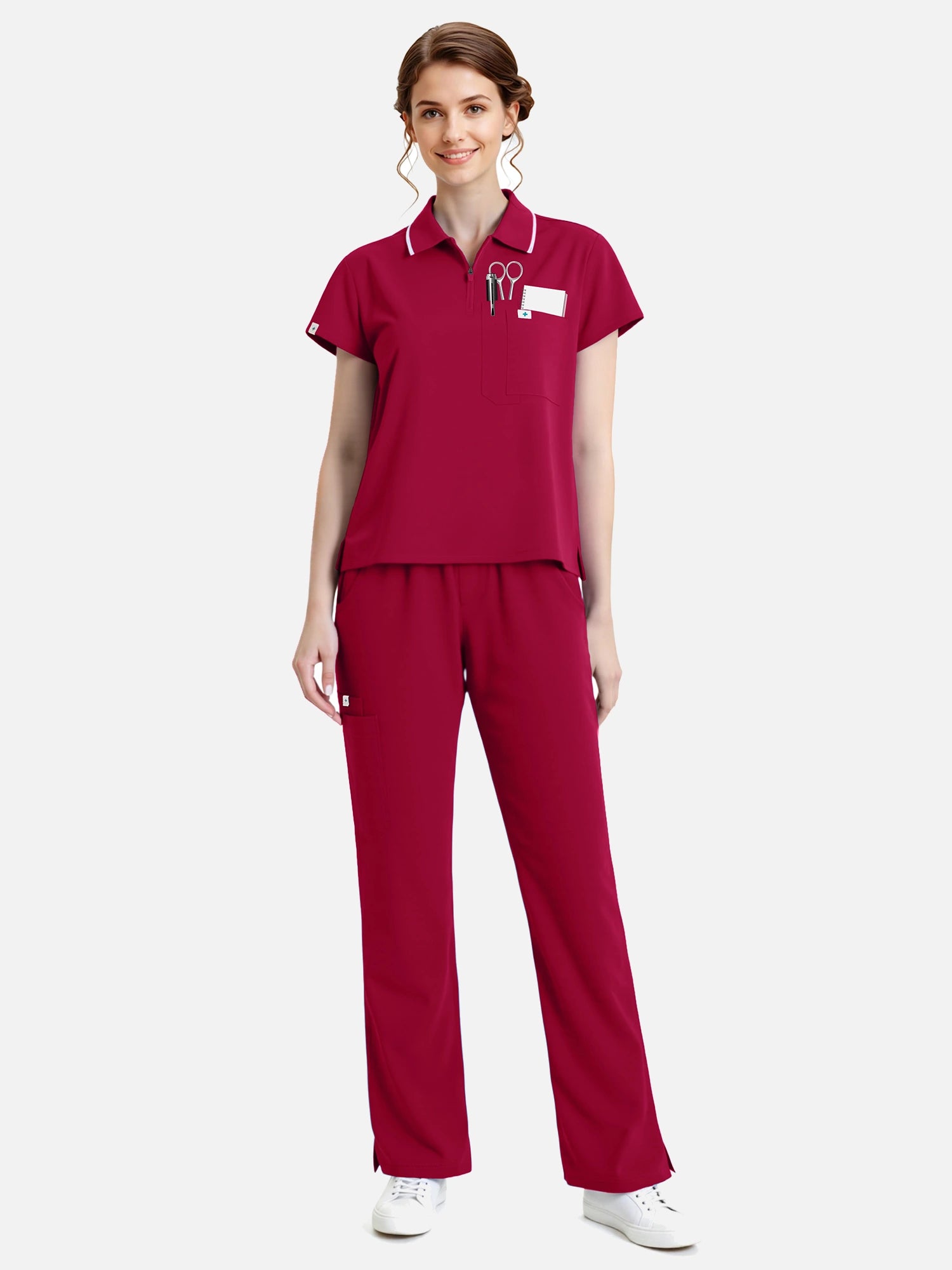 Wine Red – Eadflie Women's Zip Polo Straight-Leg Uniform Set – product image 47