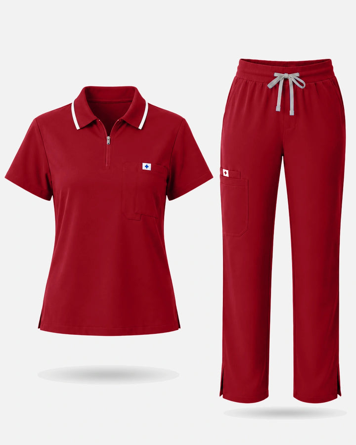 Eadflie Women's Zip Polo Straight-Leg Uniform Set - Wine Red
