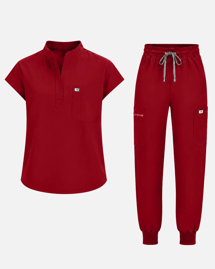 Eadflie Women's Henley Sleeveless Jogger Uniform Set - Wine Red