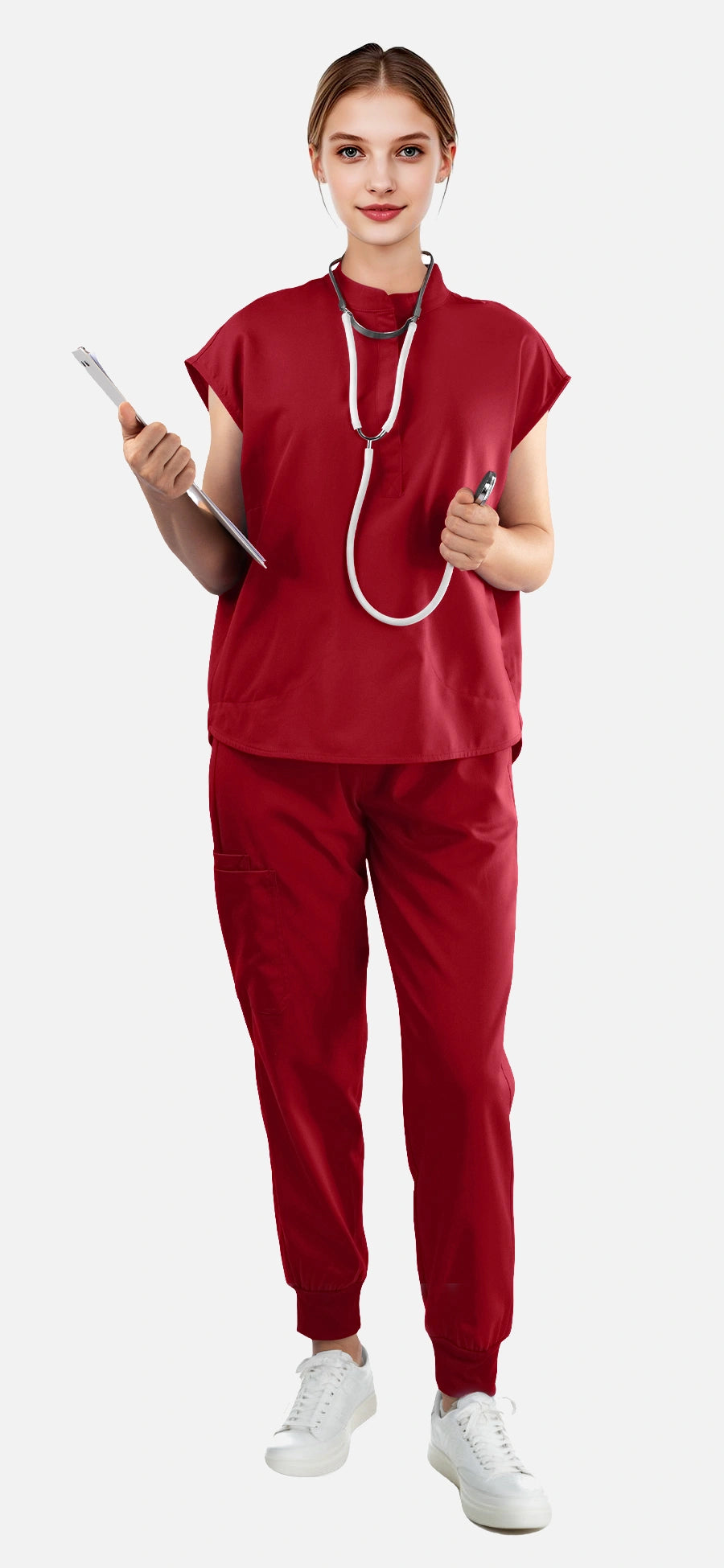 Wine Red – Eadflie Women's Sleeveless Mandarin Collar Jogger Uniform Set – product image 36