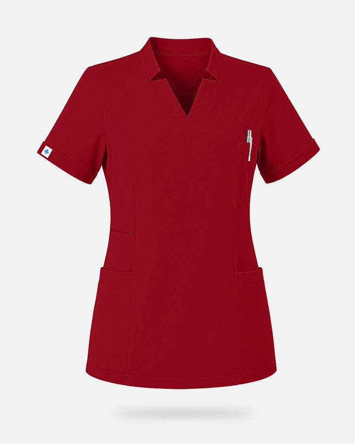 Eadflie Women's Split V-Neck Uniform Top - Wine Red