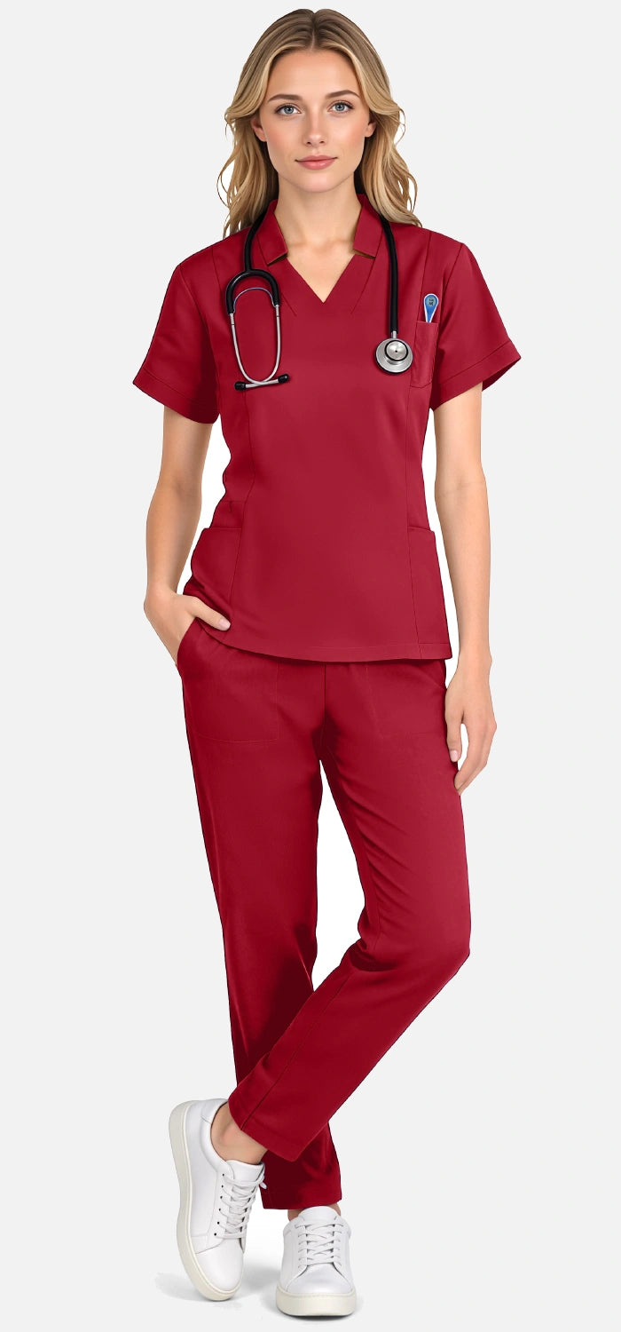 Wine Red – Eadflie Women's Split V-Neck Uniform Set – Tapered-Leg 9-Pocket Slim Fit – product image 34