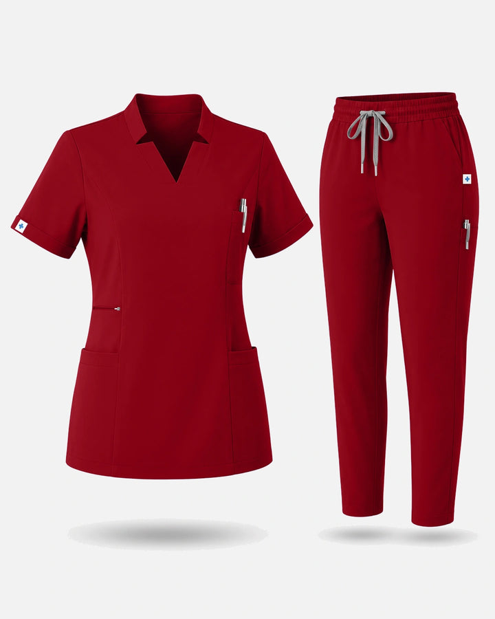 Eadflie Women's Split V-Neck Uniform Set – Tapered-Leg 9-Pocket Slim Fit - Wine Red