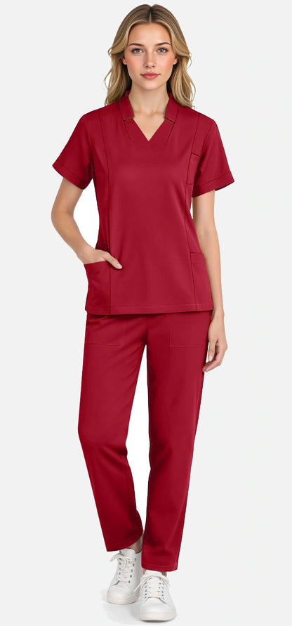 Wine Red – Eadflie Women's Split V-Neck Uniform Set – Tapered-Leg 9-Pocket Slim Fit – product image 35