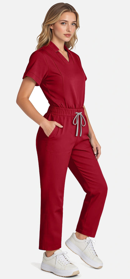 Wine Red – Eadflie Women's Split V-Neck Uniform Set – Tapered-Leg 9-Pocket Slim Fit – product image 36