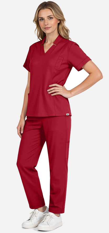 Wine Red – Eadflie Women's Split V-Neck Uniform Set – Tapered-Leg 9-Pocket Slim Fit – product image 37