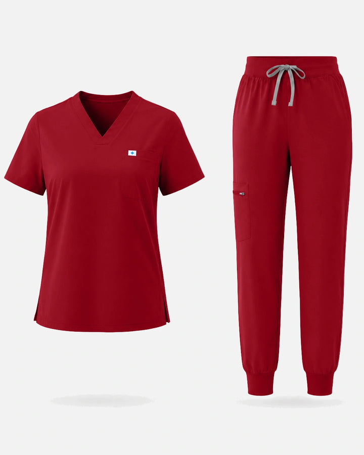 Eadflie Women's Classic V-Neck Jogger Uniform Set - Wine Red