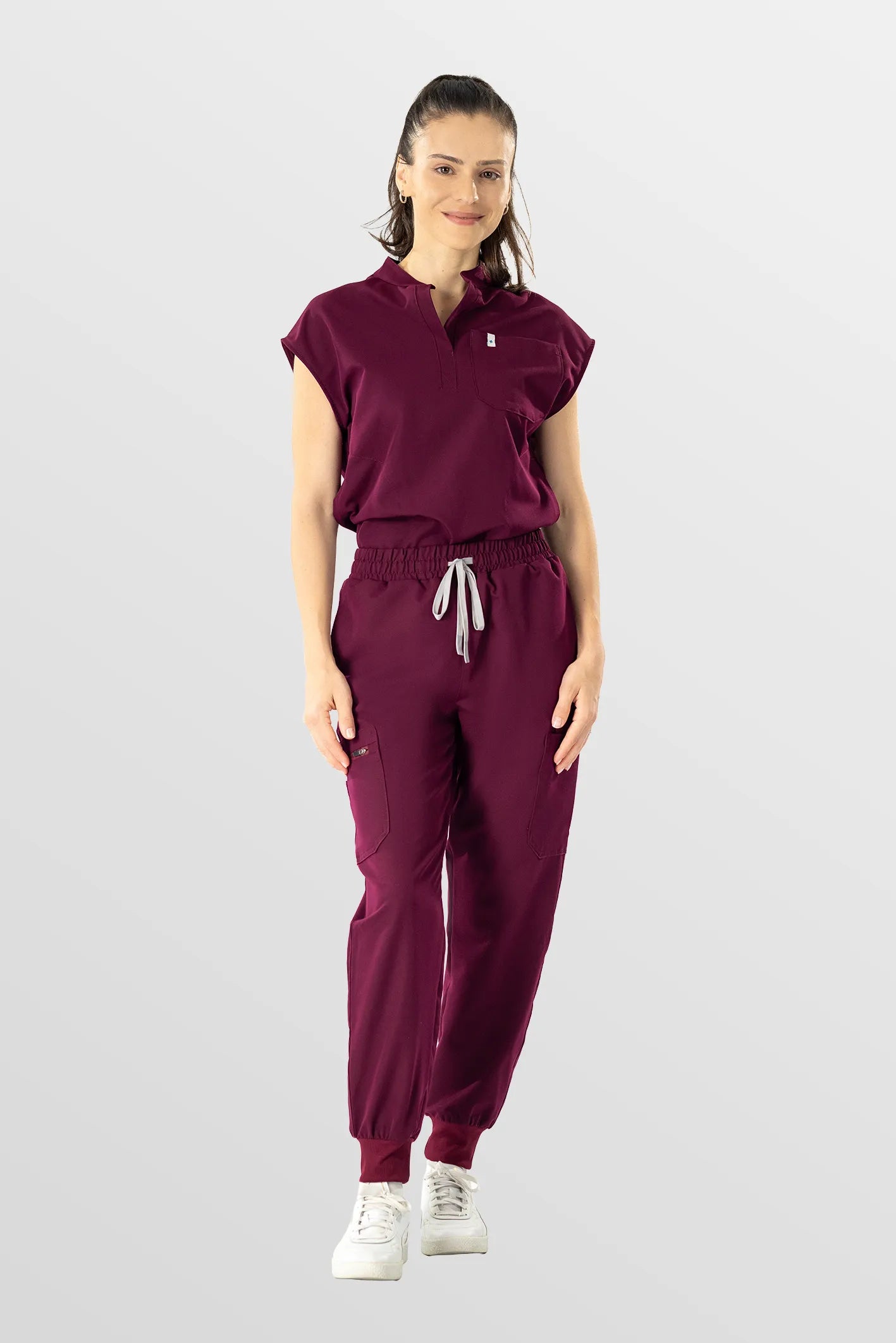 Wine Red Eipnare Women's Henley Collar Sleeveless Jogger Scrub Set - Stretch Medical Scrubs for Women