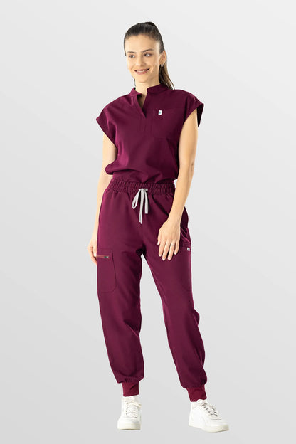 Wine Red Eipnare Women's Henley Collar Sleeveless Jogger Scrub Set - Stretch Medical Scrubs for Women